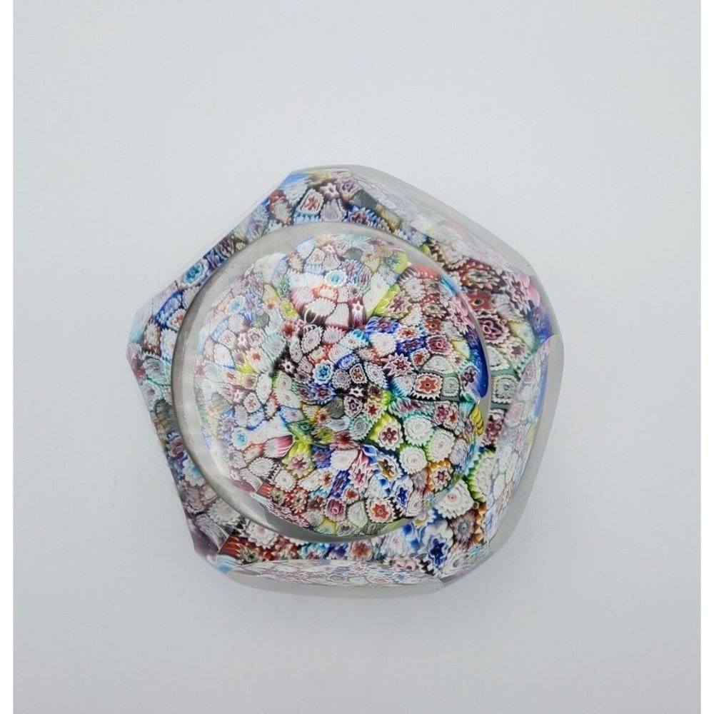 Vintage Murano Millefiori Faceted Paperweight Art Glass Decor